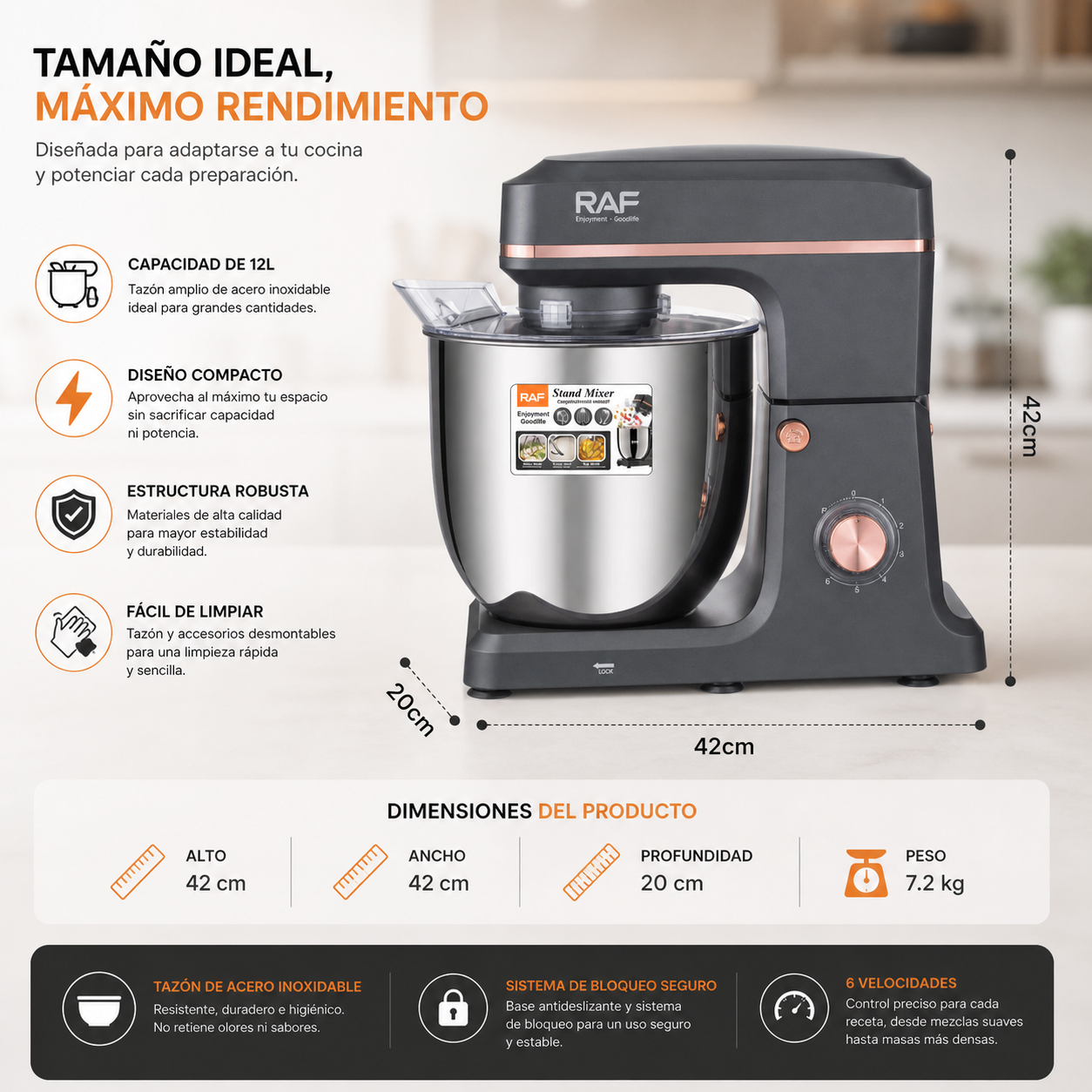 Batidora Amasadora RAF 2000W 12L