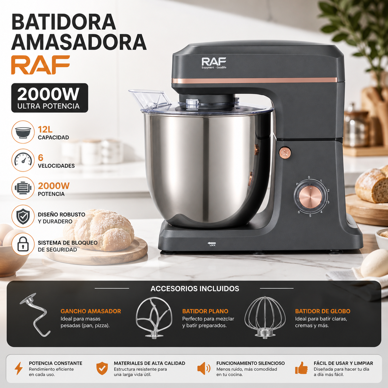 Batidora Amasadora RAF 2000W 12L